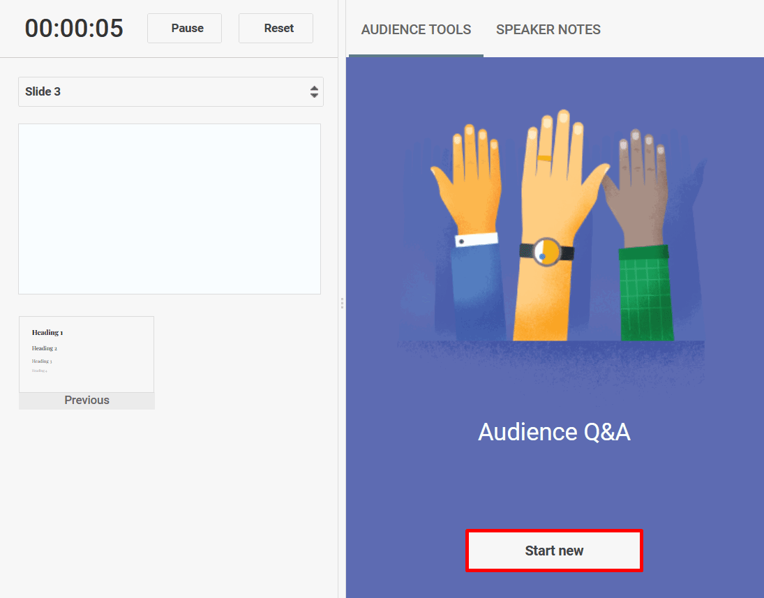 Кнопка Начать новый сеанс в Q&A