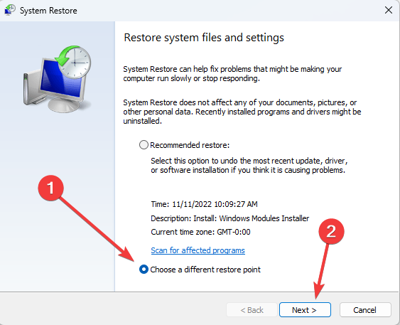 Выбор точки восстановления