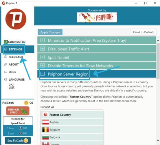 go to Psiphon server region
