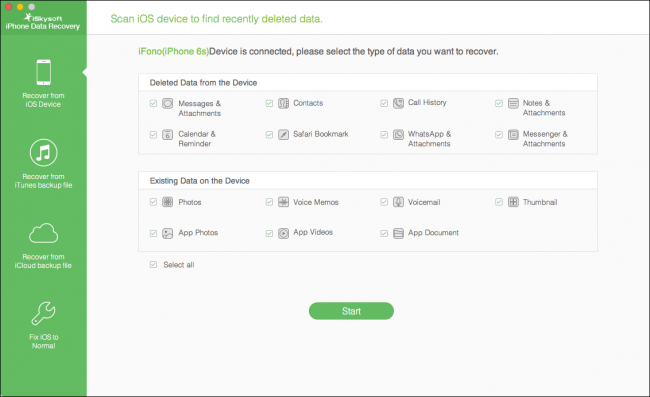 Скриншот окна выбора типов данных для восстановления в iSkySoft