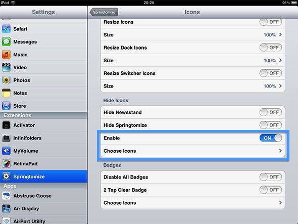 Интерфейс Springtomize в настройках iOS — скрытие иконок