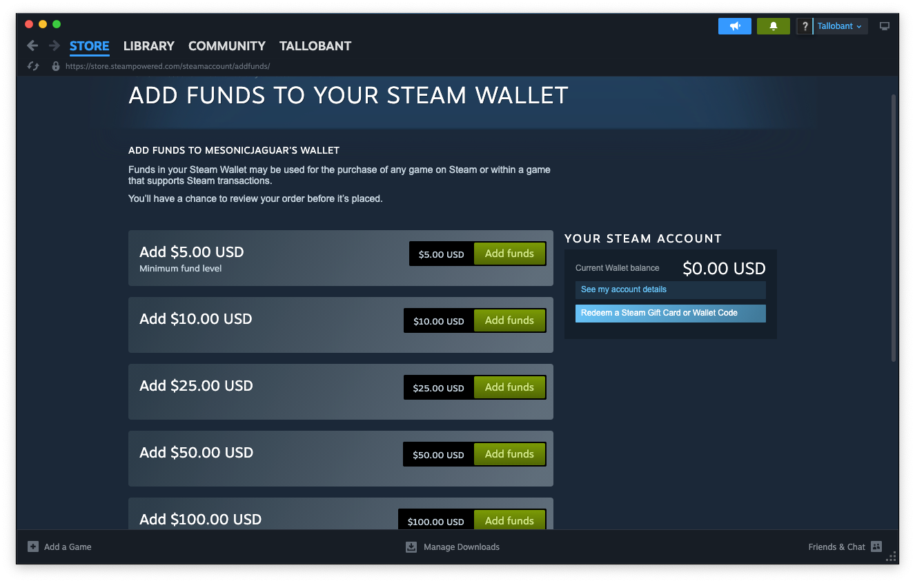 Adding funds to wallet page on Steam