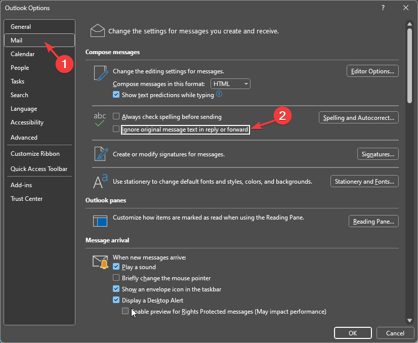 Параметр «Игнорировать текст исходных сообщений при ответе или пересылке»