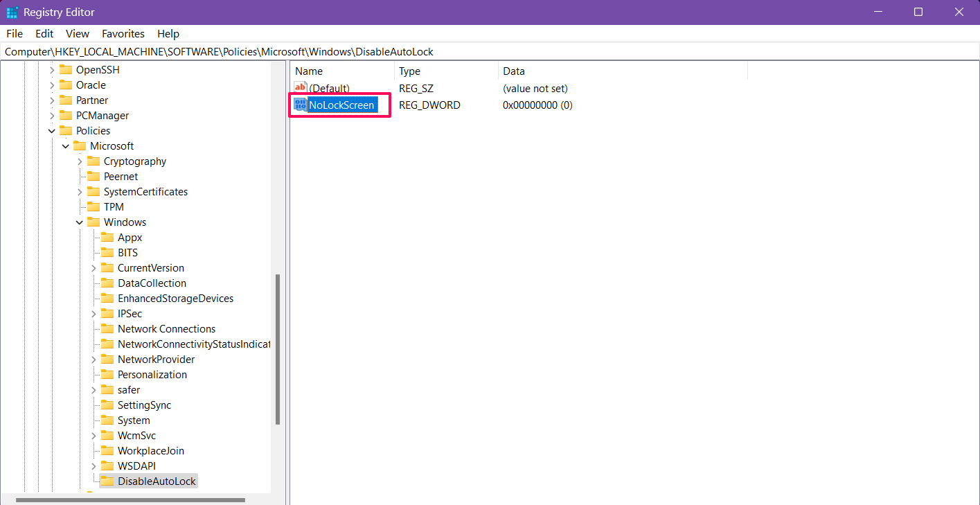 Установите значение параметра NoLockScreen равным 1 и сохраните