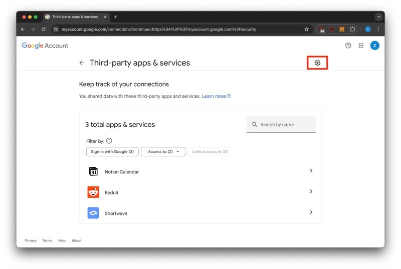 Кнопка настроек подключений сторонних приложений в аккаунте Google