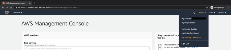 Переход в раздел My Security Credentials справа вверху