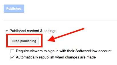 Option Arrêter la publication dans Publier sur le Web