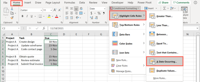 Select Conditional Formatting, Highlight Cell Rules, A Date Occurring