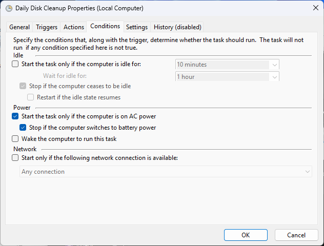 Планировщик Windows показывает подробные опции.