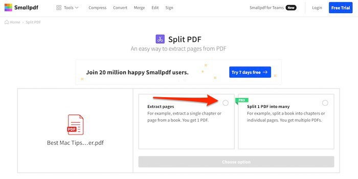 Выбор опции Извлечь страницы на Smallpdf