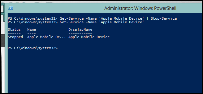 скриншот выполнения Get-Service и Stop-Service в пайплайне
