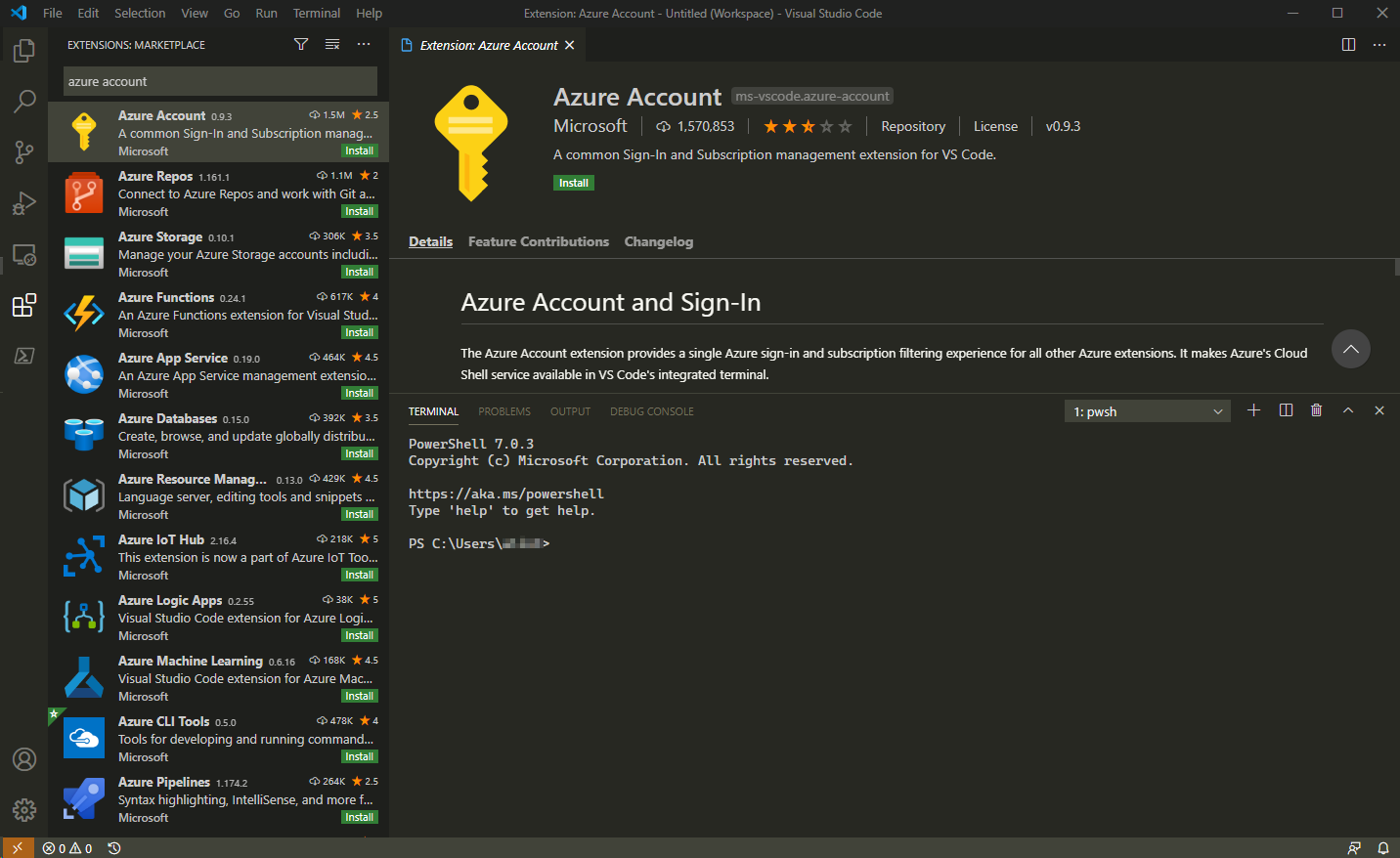 Установить официальное расширение Azure Account для VS Code.