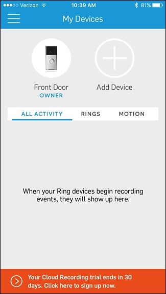 Главный экран приложения Ring с записью событий и списком устройств