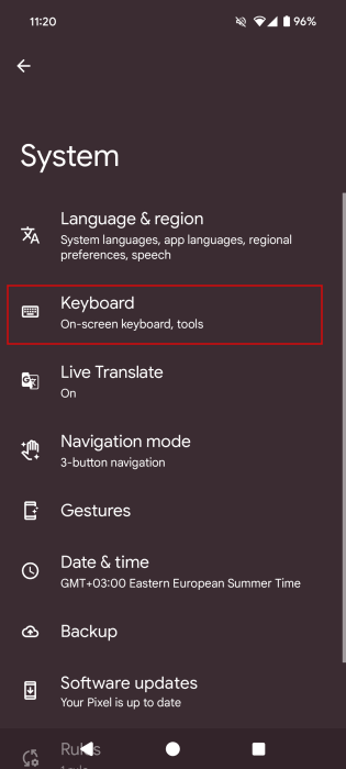 Нажатие на «Клавиатура» в системных настройках Android