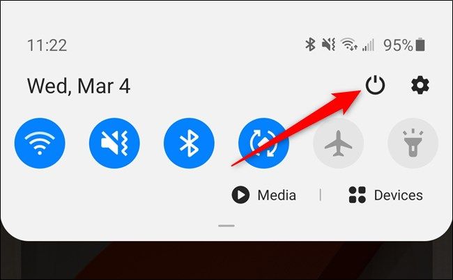 Шторка уведомлений Samsung Galaxy S20 с иконкой питания