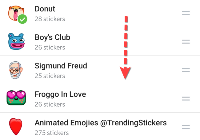 Нажмите и удерживайте набор стикеров, чтобы выбрать и изменить порядок.