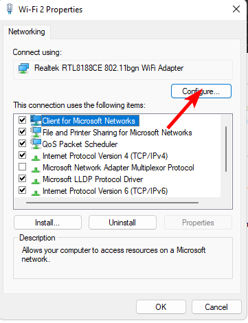 Pulsante Configura nelle proprietà dell'adattatore