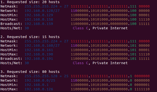 Рекомендации ipcalc по разбиению сети на три подсети.