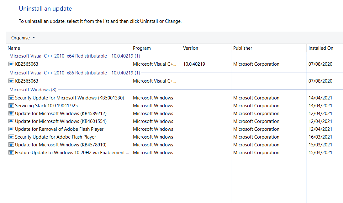 Окно удаления обновлений в Windows