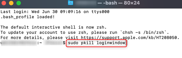 Выполнение команды sudo pkill loginwindow в Терминале.