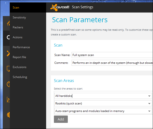 Опции сканирования Avast на подключённом диске