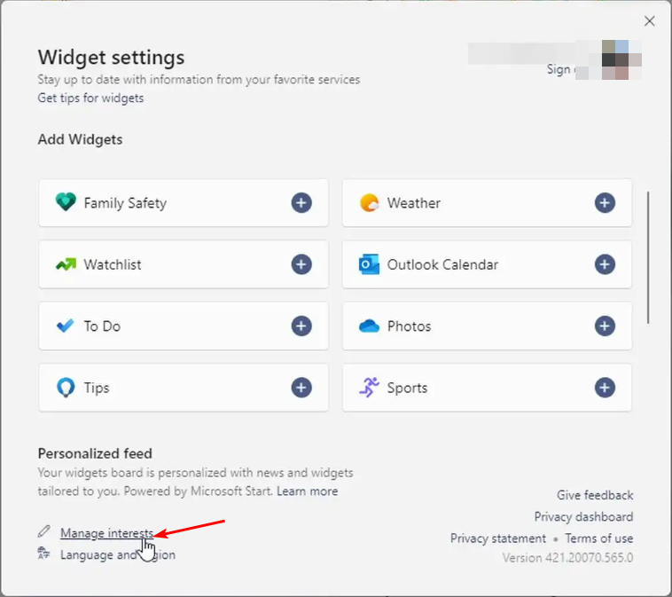 Кнопка профиля и меню в панели виджетов Windows 11