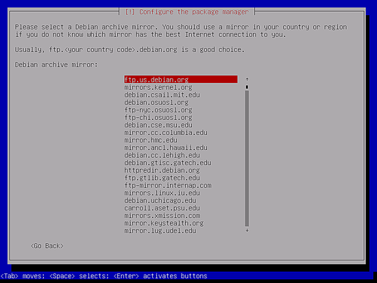 Экран инсталлятора: список зеркал, выбран ftp.us.debian.org