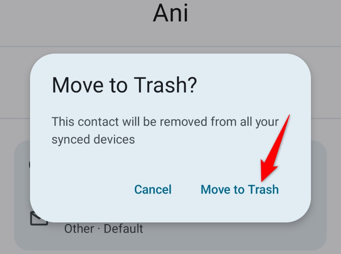 Снимок диалогового окна на Android: подтверждение «Переместить в корзину».
