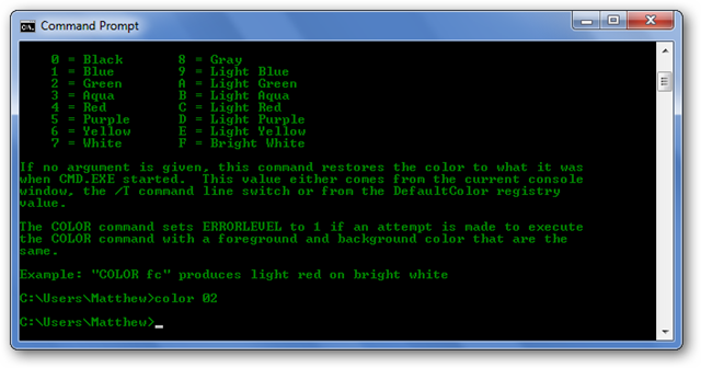 Командная строка: зелёный текст на чёрном фоне (color 02)