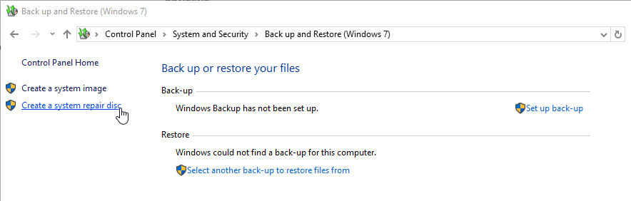 windows 10 create system repair disc option control panel
