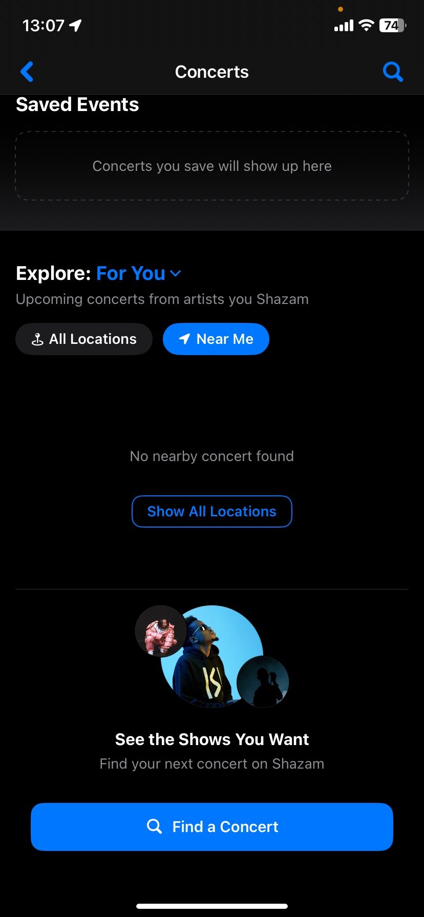 Shazam показывает отсутствие локальных концертов из истории