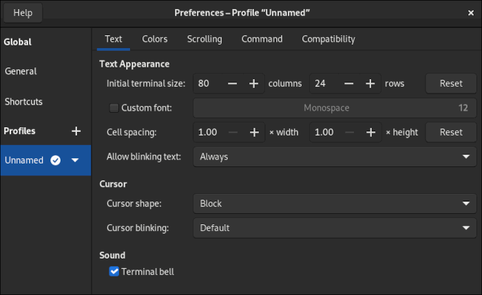 Скриншот вкладки Text в настройках GNOME Terminal
