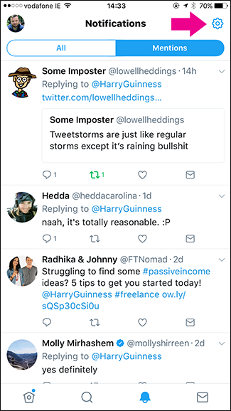 Вкладка уведомлений в мобильном приложении Twitter