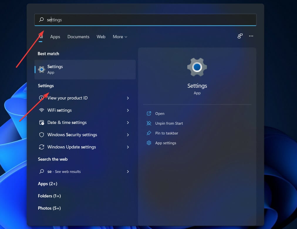 Открытие параметров Windows через поиск