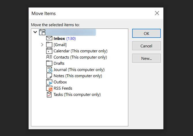 Выбор целевого аккаунта для переноса писем в Outlook