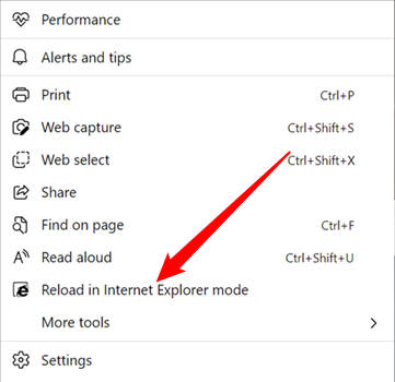 Выберите Перезагрузить в режиме Internet Explorer.