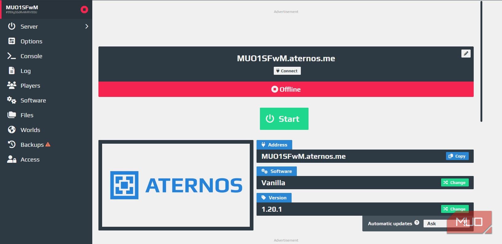 MUO Aternos server start button