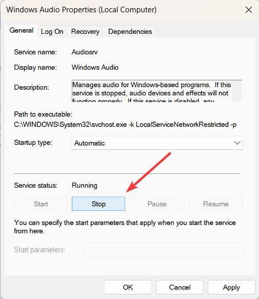 Остановка службы Windows Audio