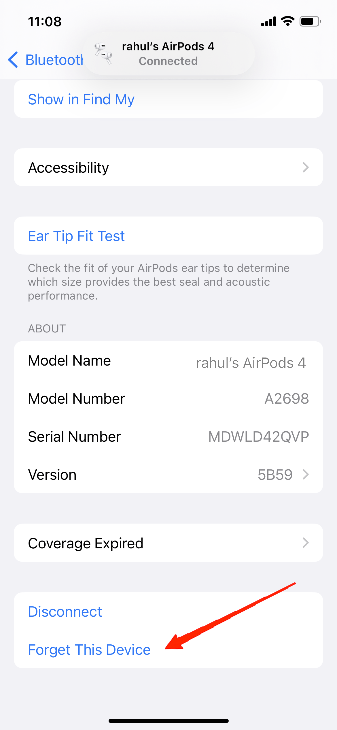 Подтвердите удаление устройства из списка Bluetooth