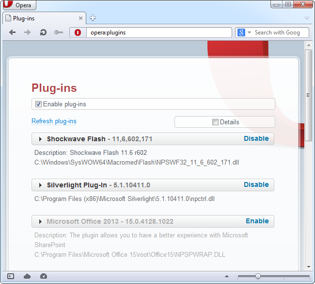 Список плагинов в Opera