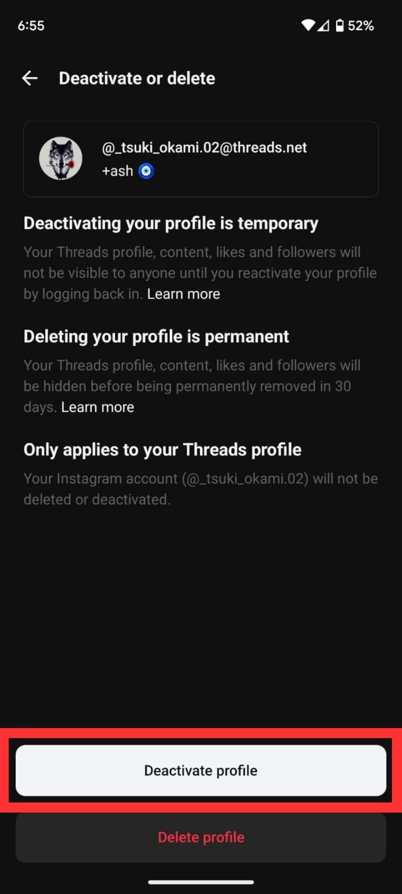 Иллюстрация: подтверждение деактивации профиля Threads