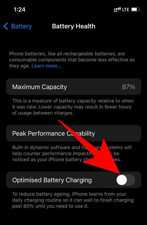 Batteriezustand Einstellungen mit Option optimiertes Laden
