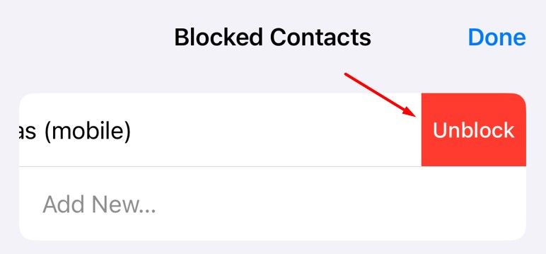 Подтверждение «Разблокировать» в списке заблокированных контактов.