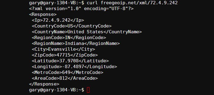 XML‑ответ API freegeoip.net с геолокацией для примера IP