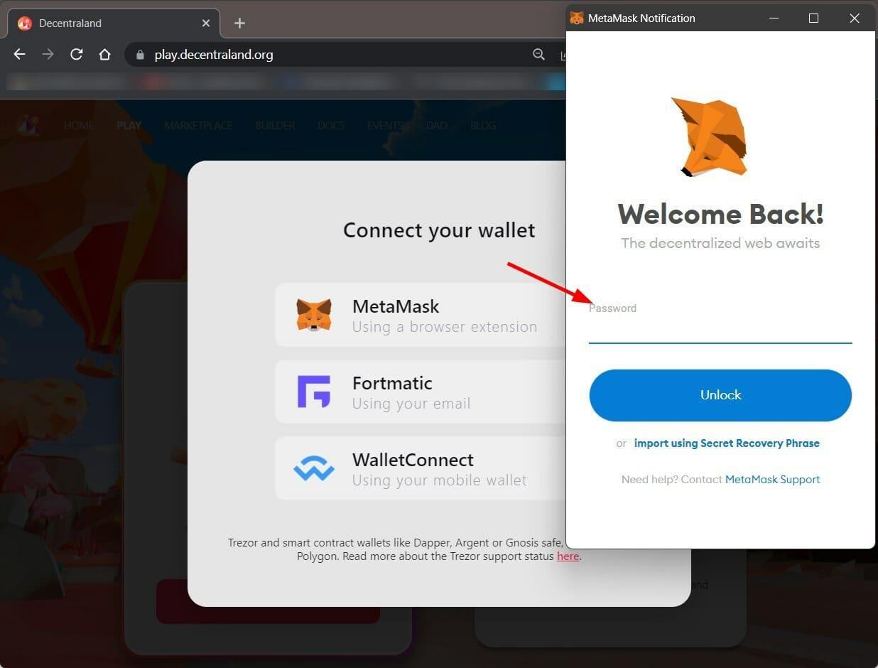 Окно входа в MetaMask для повторной авторизации
