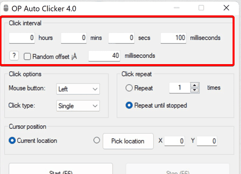Настройка интервала кликов в OP Auto Clicker