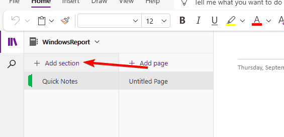 Кнопка «+ Раздел» в панели разделов OneNote