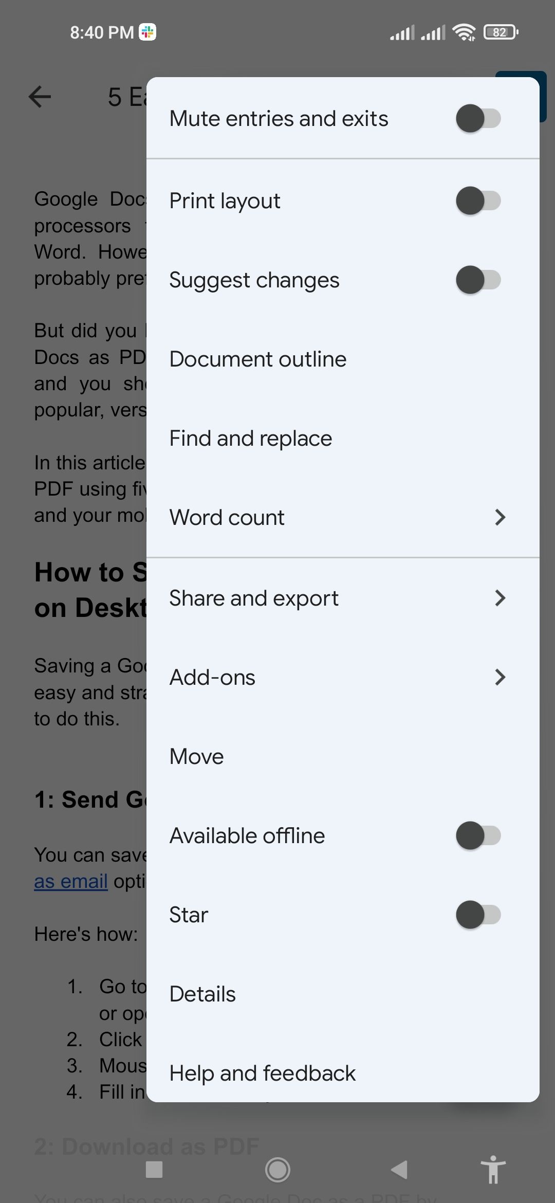 Меню Google Docs на мобильном устройстве с опцией обмена и экспорта