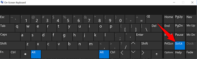 Кнопка ScrLk на экранной клавиатуре при включении.