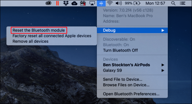 Click Reset Bluetooth Module to reset the macOS Bluetooth module in the Bluetooth Debug menu
